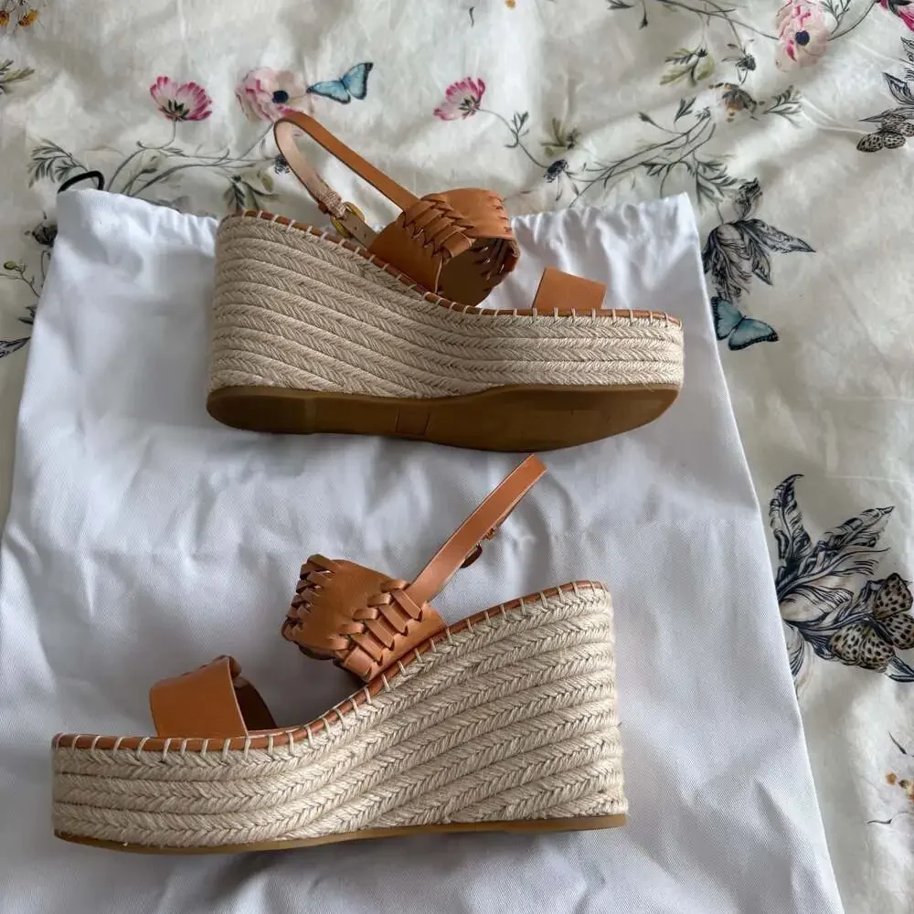 Veronica Beard Cognac Woven Leather Espadrille Wedges